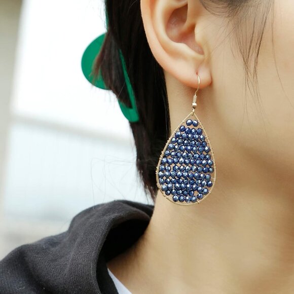 Turquoise Boho Gold Hoop Earrings, Handmade Lightweight Dangle Jewelry - Picture 2 of 6